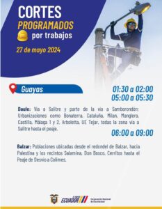 Cortes de luz en cinco provincias del Ecuador para este lunes 27 de mayo