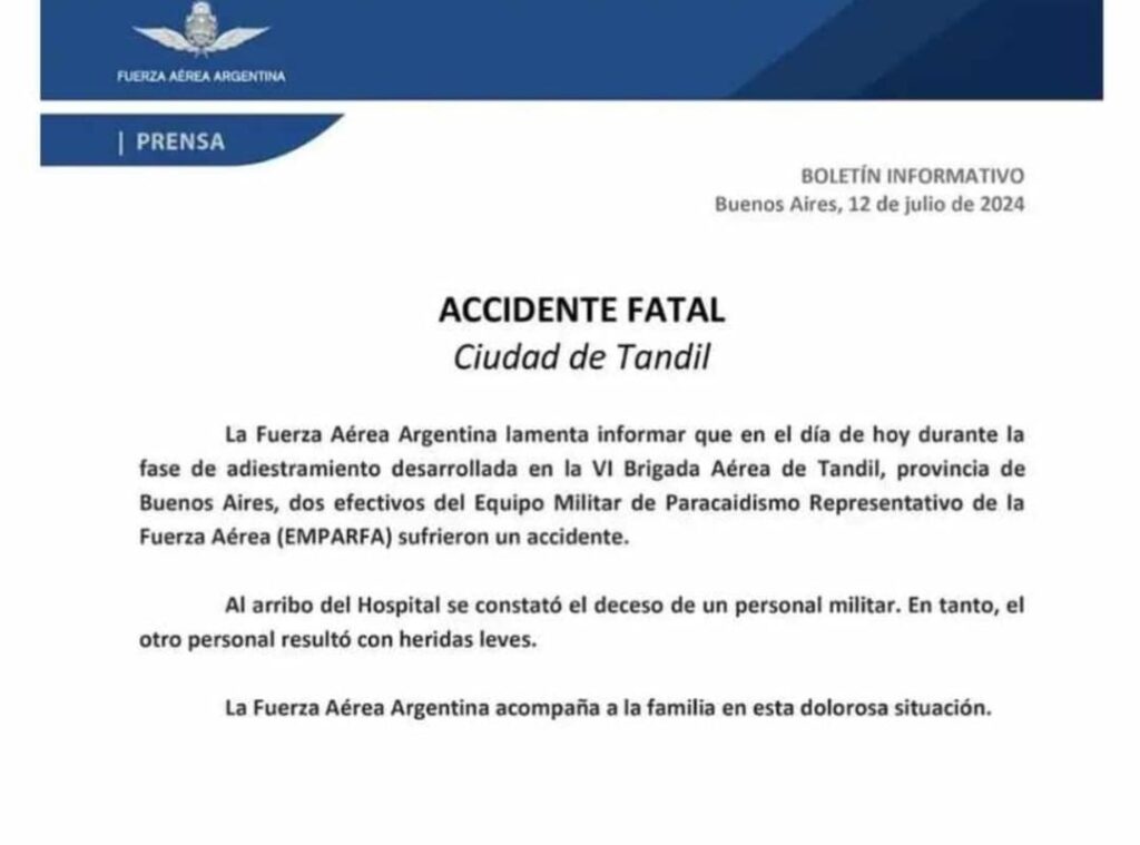 Fuerza Aérea: un capitán falleció tras desenganchar su paracaídas para salvar a su compañero