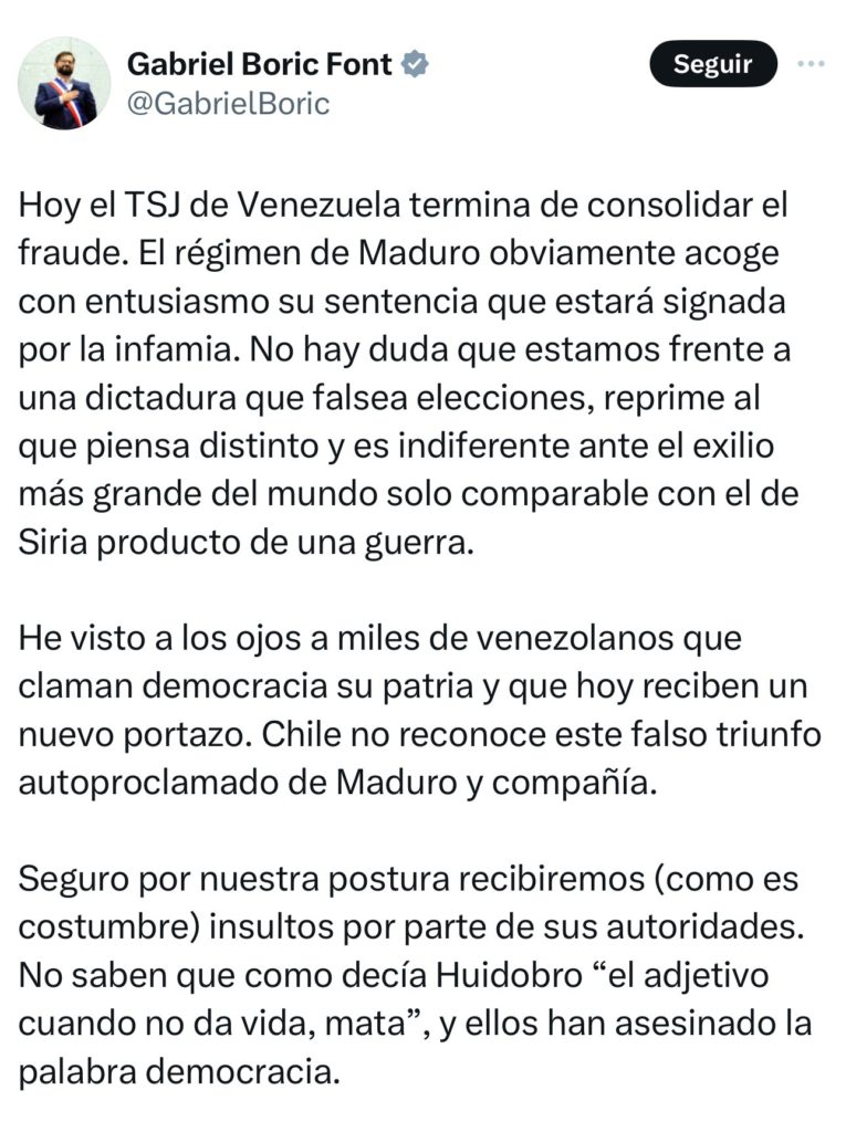 Presidente Boric de Chile se pronuncia fuerte contra decisión del TSJ