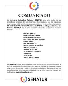 SENATUR ADVIERTE SOBRE EMPRESAS TURÍSTICAS NO HABILITADAS