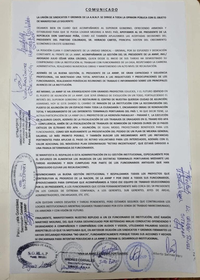 Sindicatos y gremios de la ANNP expresan respaldo a las autoridades
