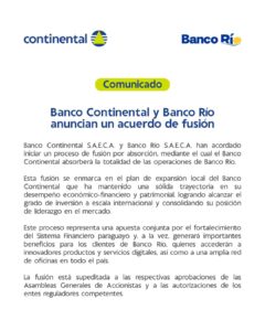 Banco Continental y Banco Río anuncian acuerdo de fusión