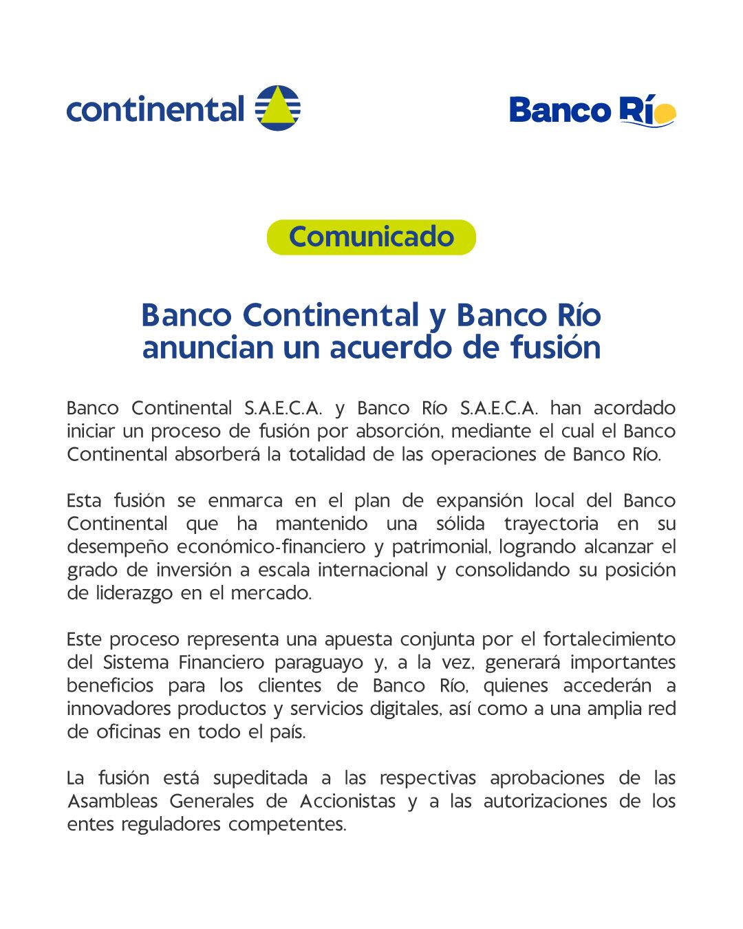Banco Continental y Banco Río anuncian acuerdo de fusión