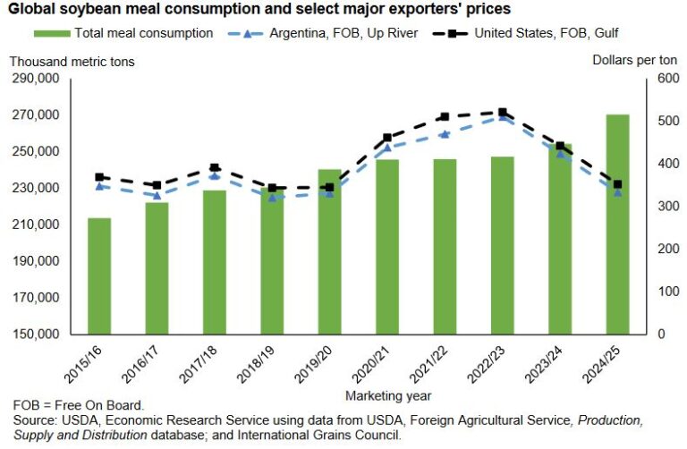 El consumo mundial de harina de soja alcanza un nuevo récord histórico gracias a la baja del precio