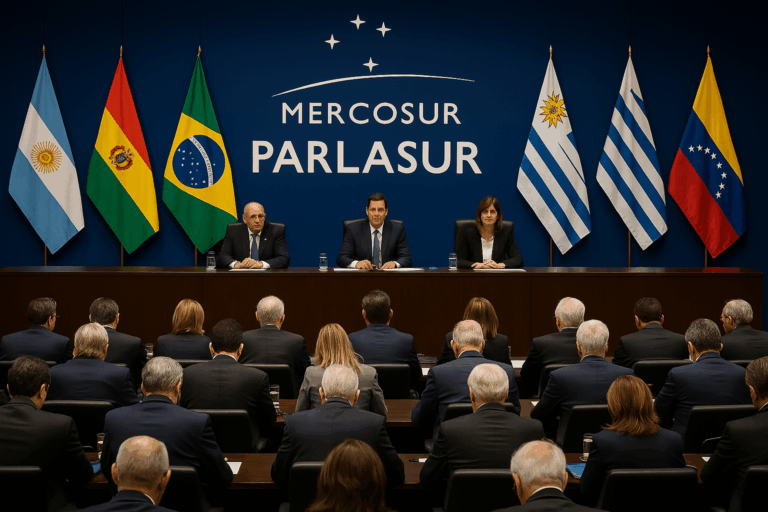 genera tres imágenes de 800 píxeles cada una que sean representativas de Parlasur de Sudamérica