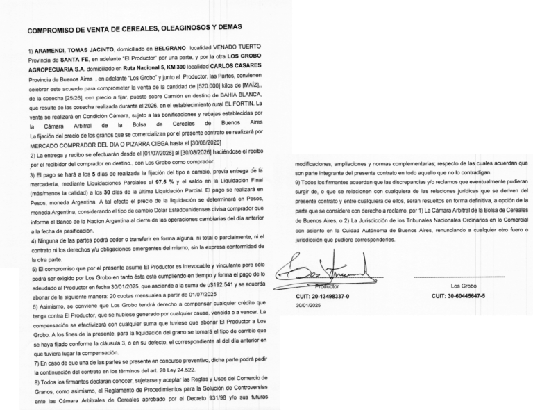 La insólitos contratos de compra de granos de la concursada Los Grobo Agropecuaria para proveedores clase “turista” y “primera”