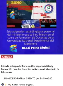 Bono de Corresponsabilidad y Formación de 5.400 bolívares en julio 2025