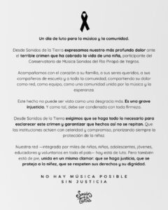 “Un día de luto para la música”, lamenta Sonidos de la Tierra tras asesinato de niña de 12 años en Yegros