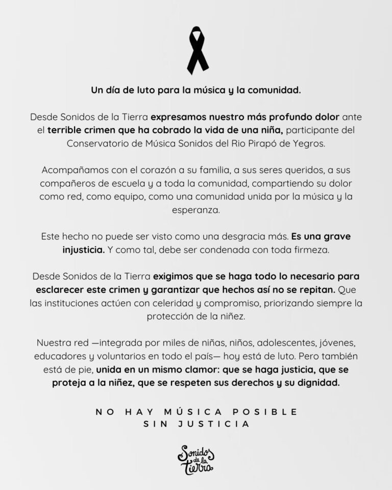 “Un día de luto para la música”, lamenta Sonidos de la Tierra tras asesinato de niña de 12 años en Yegros