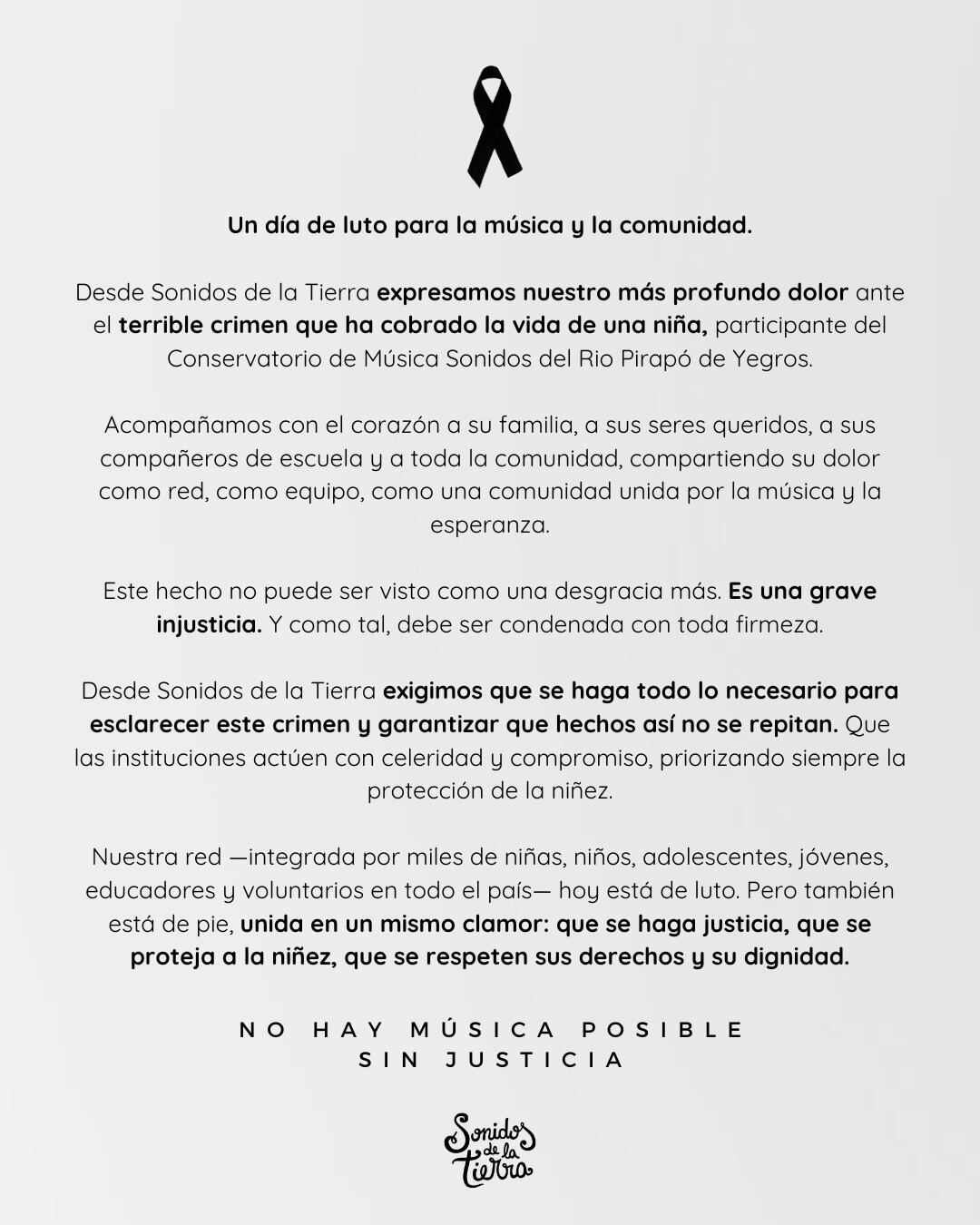 “Un día de luto para la música”, lamenta Sonidos de la Tierra tras asesinato de niña de 12 años en Yegros