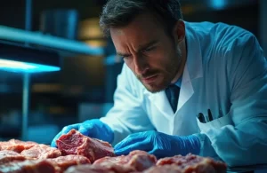 un-cientifico-con-una-bata-de-laboratorio-inspecciona-muestras-de-carne-cruda-bajo-una-luz-tenue-usa-guantes-azules-y-se-centra-atentamente-en-la-textura-y-la-calidad-de-la-carne-para-el-analisis