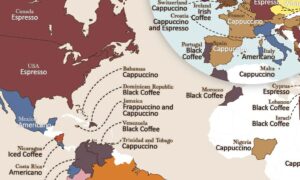 Este mapa expone el café más popular de cada país. El capuchino es el indiscutible ganador a nivel mundial