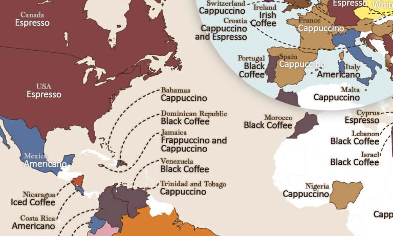 Este mapa expone el café más popular de cada país. El capuchino es el indiscutible ganador a nivel mundial