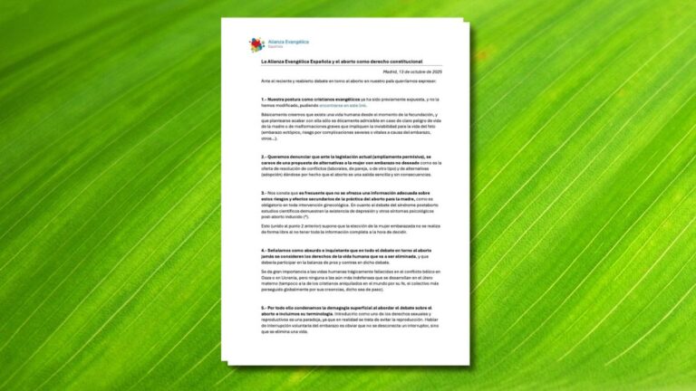 La Alianza Evangélica Española rechaza la propuesta de incluir el aborto como derecho constitucional