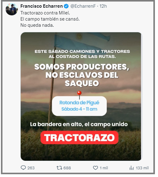 Un intendente kirchnerista promociona un tractorazo contra Milei en rechazo al “saqueo” del campo
