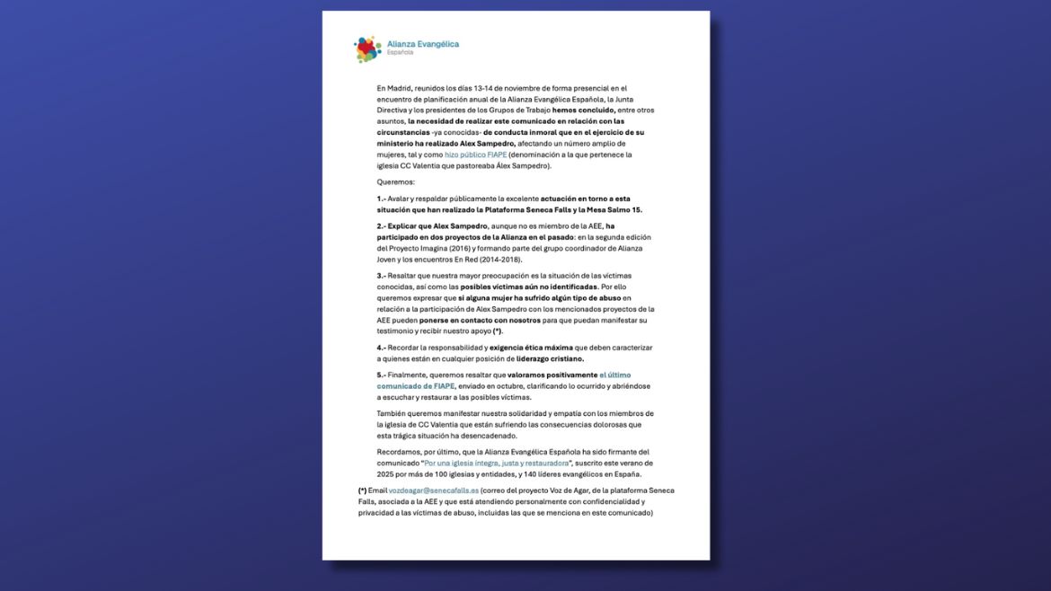 La Alianza Evangélica Española ofrece apoyo a mujeres víctimas de abuso del ‘caso Alex Sampedro’