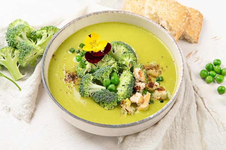 Green soup. Broccoli cream soup. Healthy vegan dish. Top view