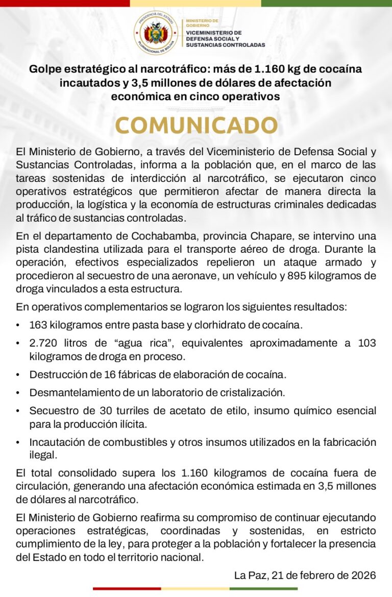OPERATIVOS CONTRA LAS ESTRUCTURAS DEL NARCOTRÁFICO: 1.160 kg de cocaína y fábricas destruidas