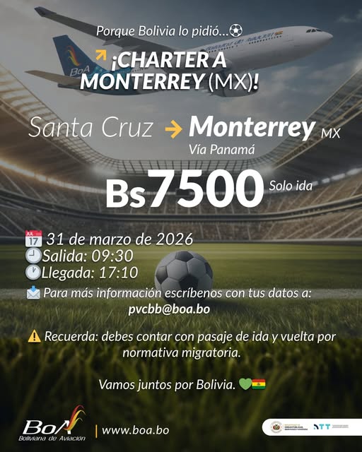 Por Bs 7.500, BoA ofrece vuelo chárter a Monterrey para el partido Bolivia vs Irak
