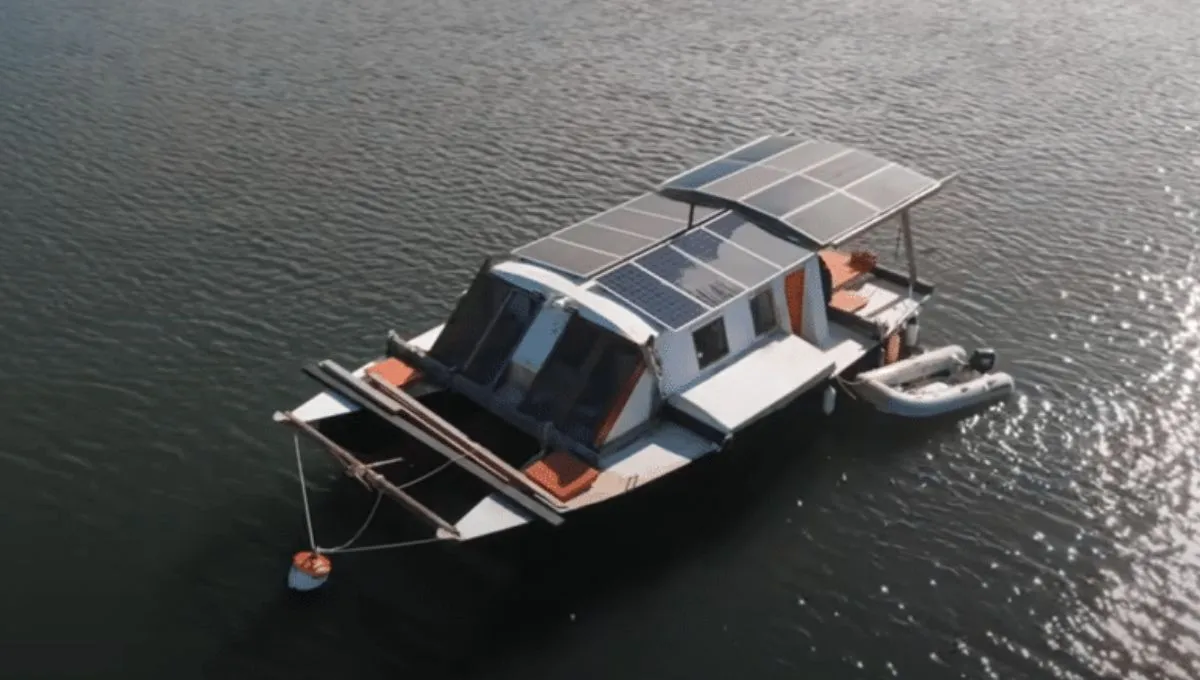 Vida sostenible en el mar: tomó un catamarán de los años 70 y lo convirtió en un hogar autosuficiente con energía solar Vida sostenible en el mar: tomó un catamarán de los años 70 y lo convirtió en un hogar autosuficiente con energía solar