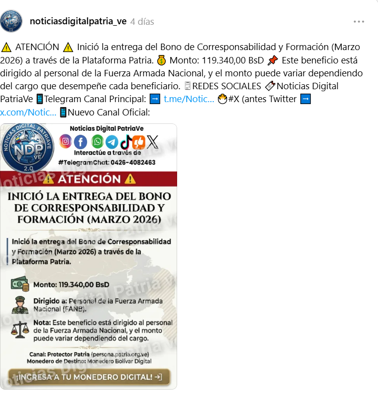 Bono de Corresponsabilidad y Formación Marzo 2026: Inicia pago de hasta 119.340 bolívares