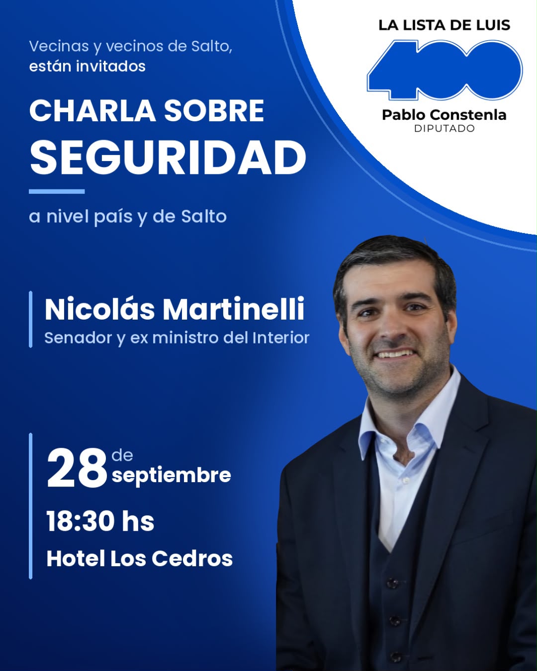 Charla sobre seguridad con el senador Nicolás Martinelli este lunes en Salto Charla sobre seguridad con el senador Nicolás Martinelli este lunes en Salto