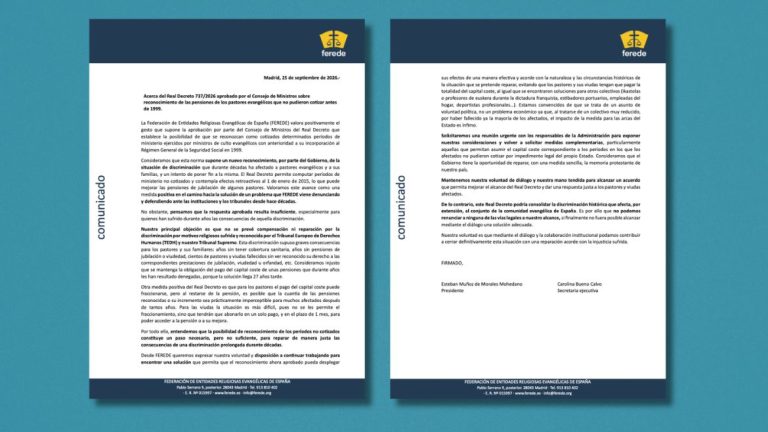 FEREDE ve “insuficiente” el decreto de pensiones de los pastores y pide que el Estado asuma el coste de las cotizaciones