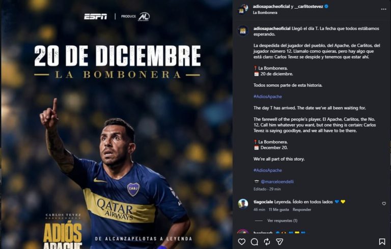 Carlos Tevez confirmó la fecha de su partido de despedida en la Bombonera